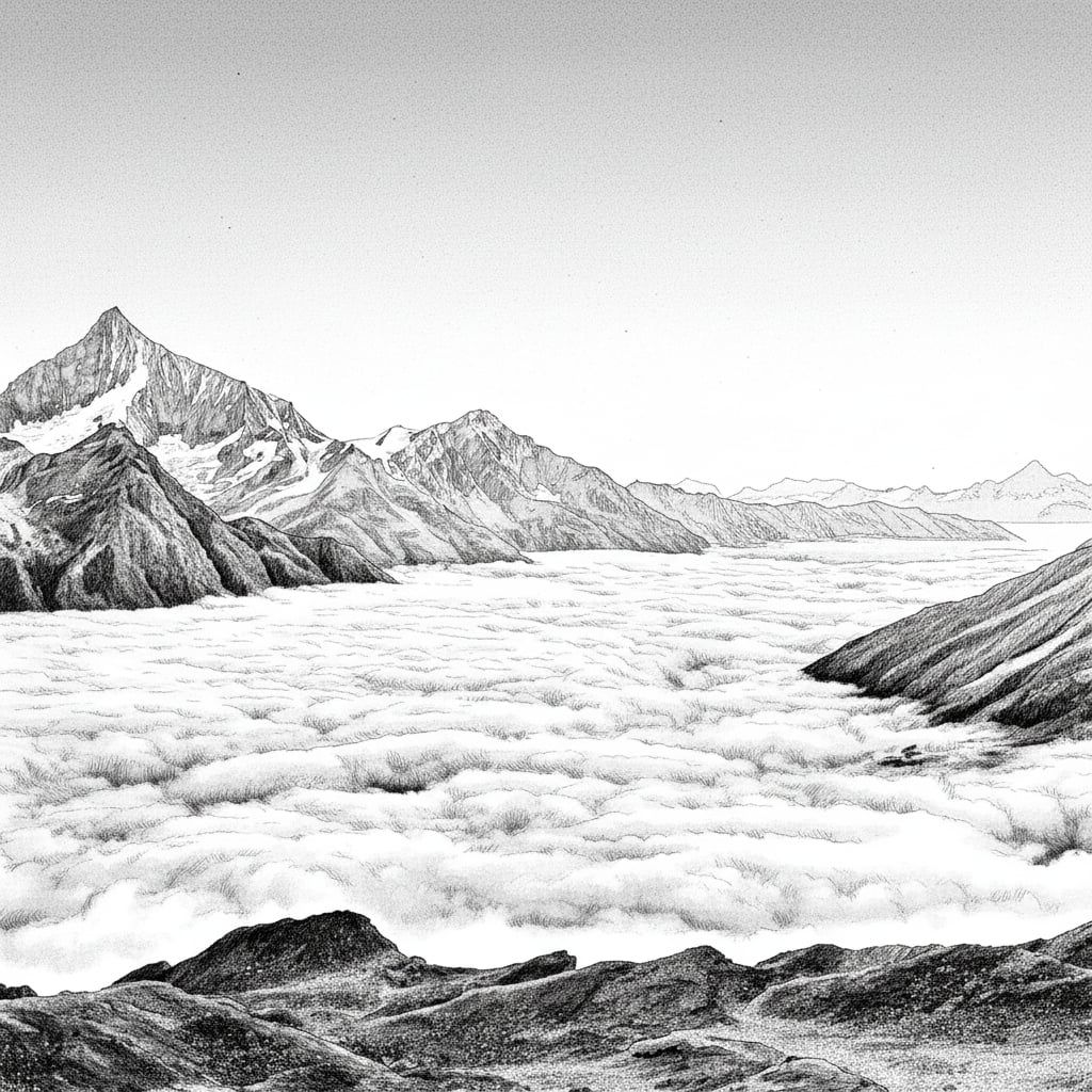 Sunset scene - Ink drawing style