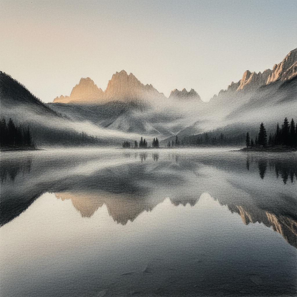 Photo to Sketch - Mountain lake sunrise converted into dramatic charcoal art.