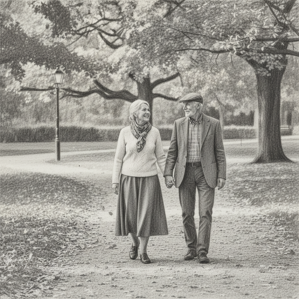 Photo to Sketch - Elderly couple walking portrayed in soft pencil drawing.