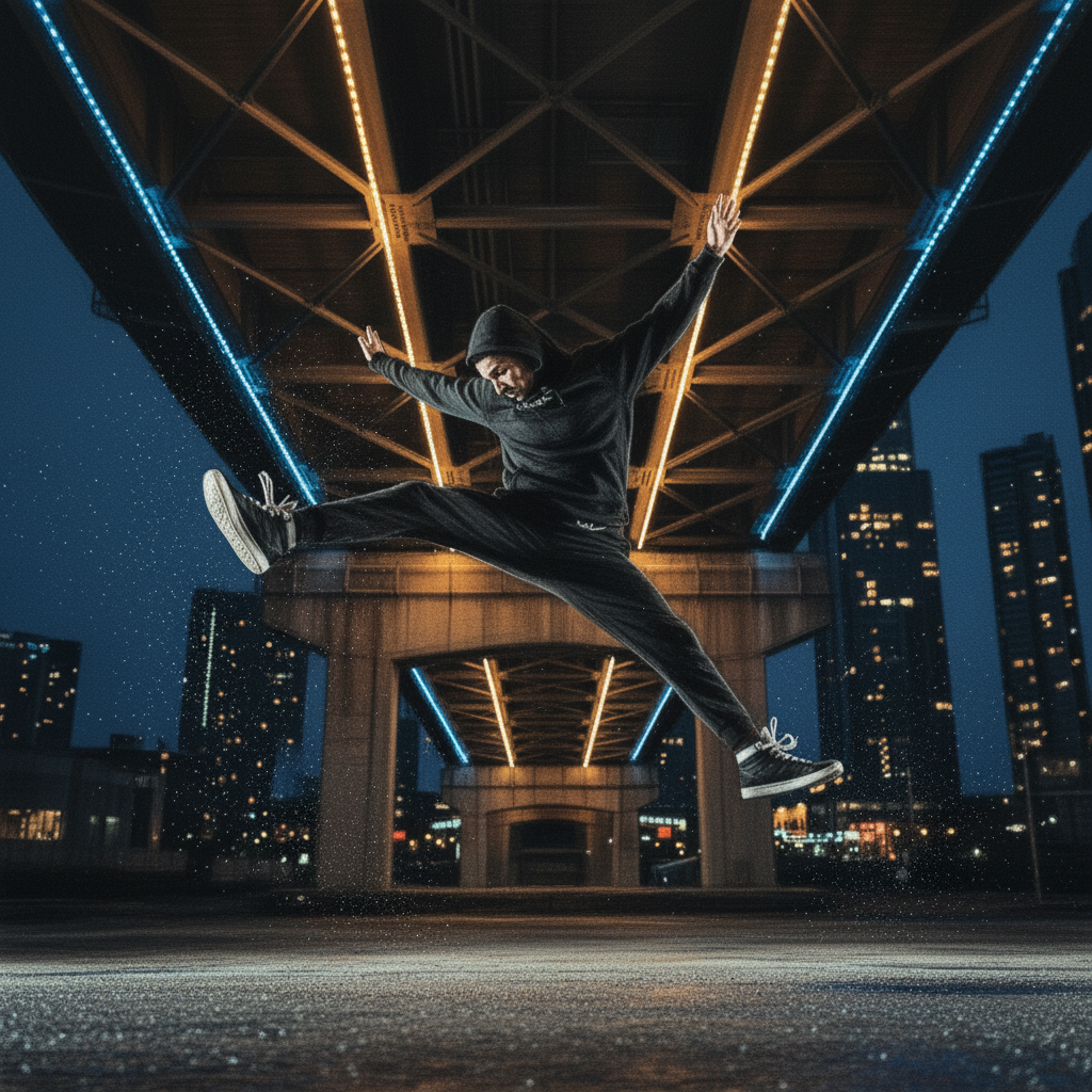 Photo to Sketch - Street dancer mid-air captured as bold charcoal illustration.