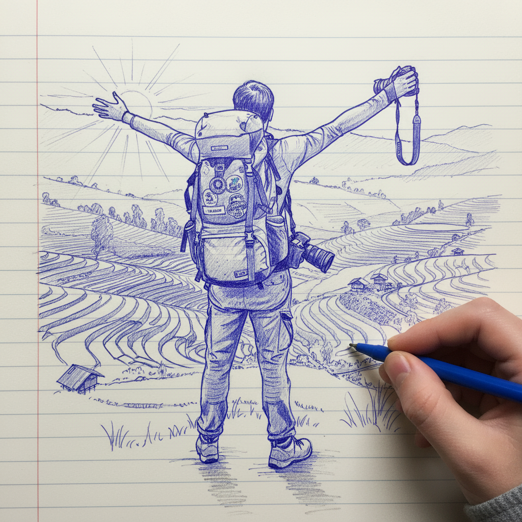 Photo to Sketch - Traveler admiring rice terraces rendered in notebook sketch.
