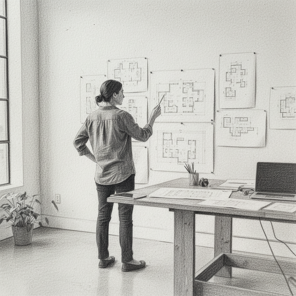 Photo to Sketch - Architect reviewing plans illustrated as pencil sketch.