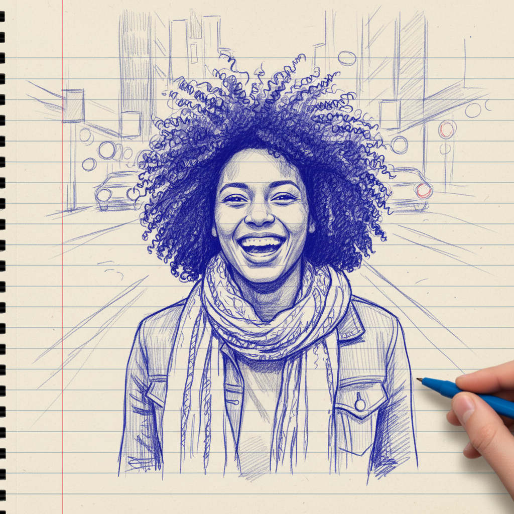 Photo to Sketch - Joyful Black woman portrait rendered in notebook-style sketch.