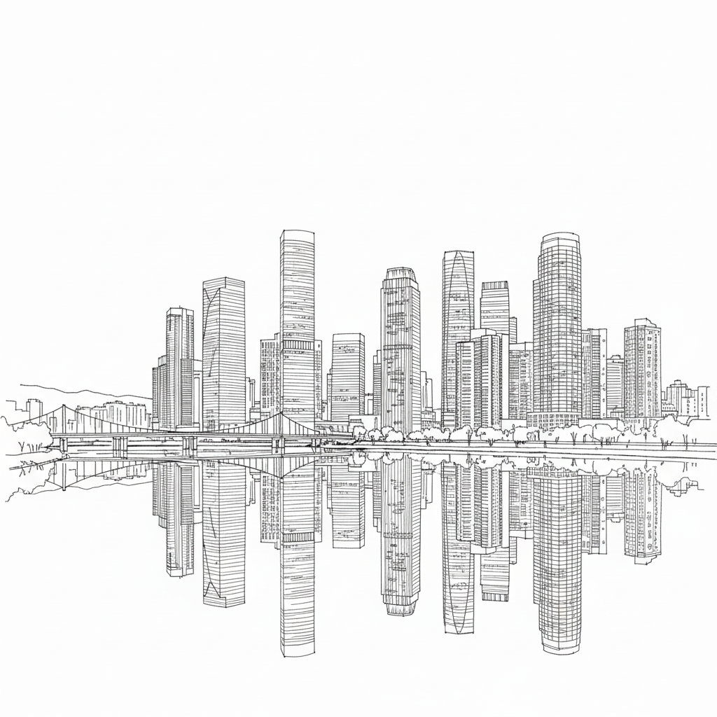 Photo to Sketch - City skyline at dusk illustrated as clean line art drawing.