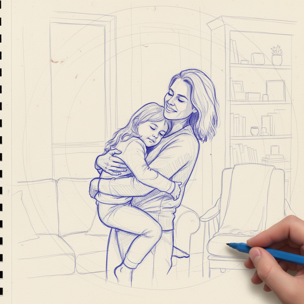 Photo to Sketch - Mother and daughter embrace shown in notebook sketch style.