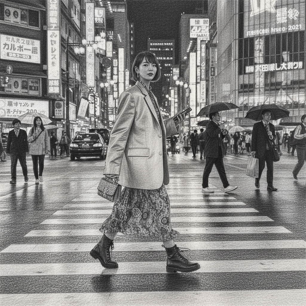 Photo to Sketch - Fashion blogger on neon street drawn as a pencil sketch.