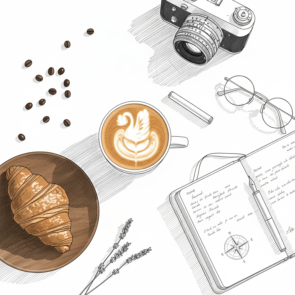Photo to Sketch - Coffee and travel journal scene illustrated with line art.